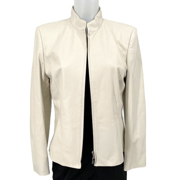 Vintage White Leather Blazer Talbots 1990s Y2K Zip Up Jacket Medium 10 So Soft! - Picture 1 of 14
